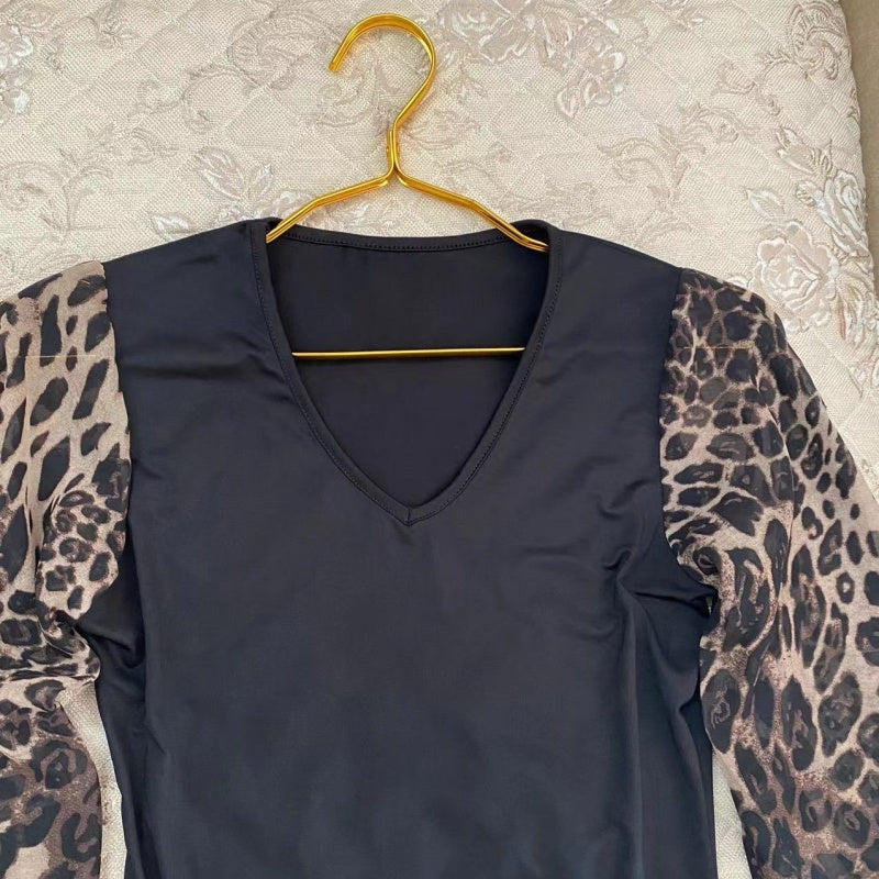 Leopard Print Long Sleeve V-Neck Bodysuit