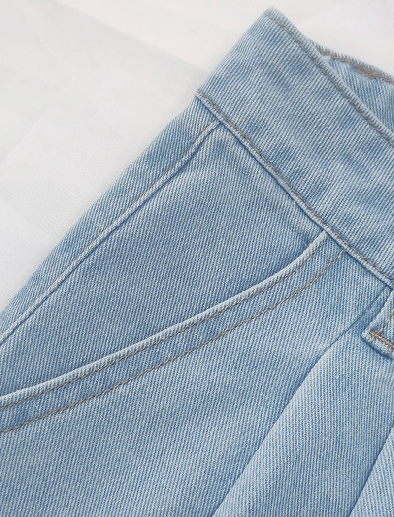 Pleated High-Waisted Denim Pants