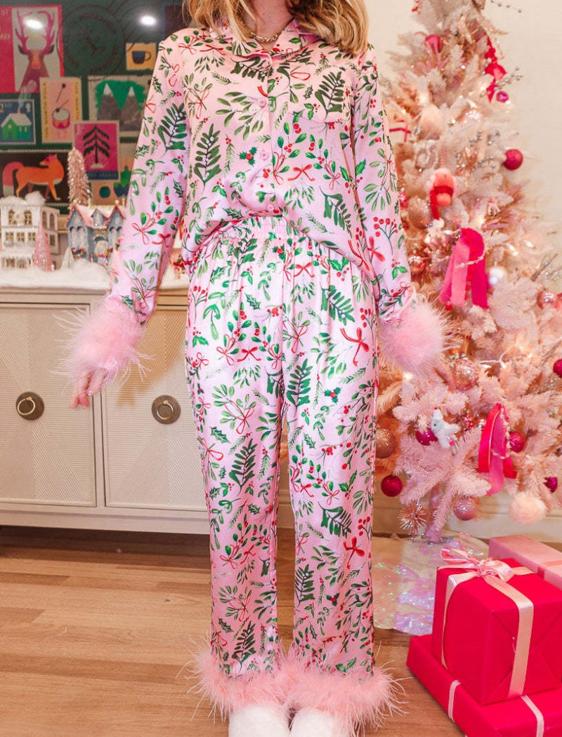 Christmas Themed Pajama Set with Feather Cuffs