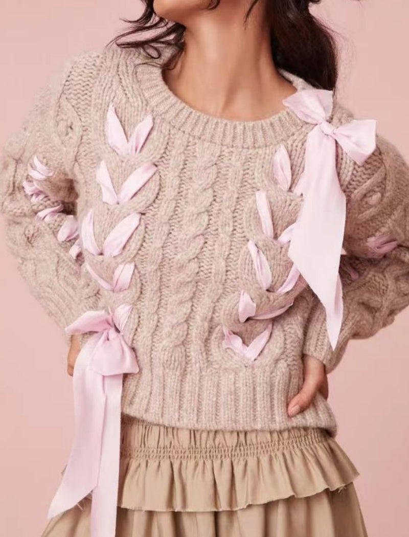 Cable Knit Sweater with Ribbon Details