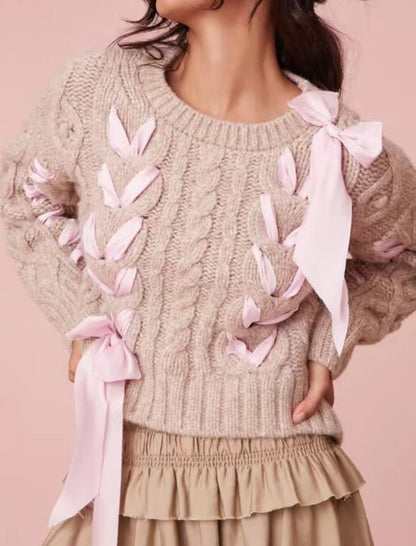 Cable Knit Sweater with Ribbon Details