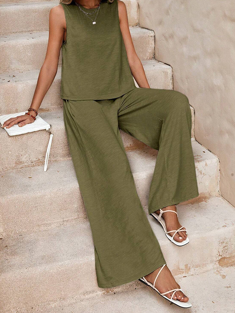 Solid Sleeveless Top and Pants Set