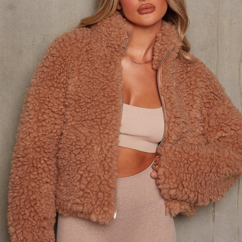 Cropped Faux Shearling Zip-Up Jacket