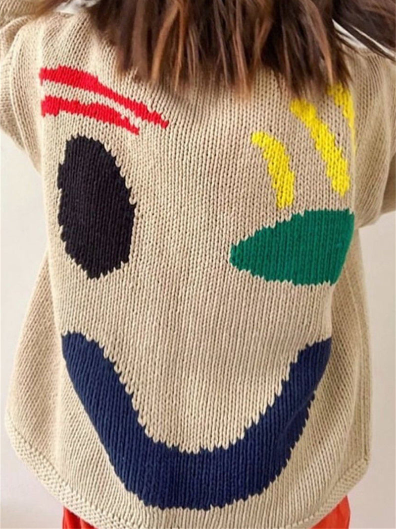 Smile Print Colorblock Pullover Sweater