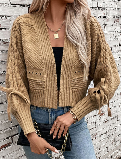 Cropped Cable Knit Cardigan with Tie Sleeves