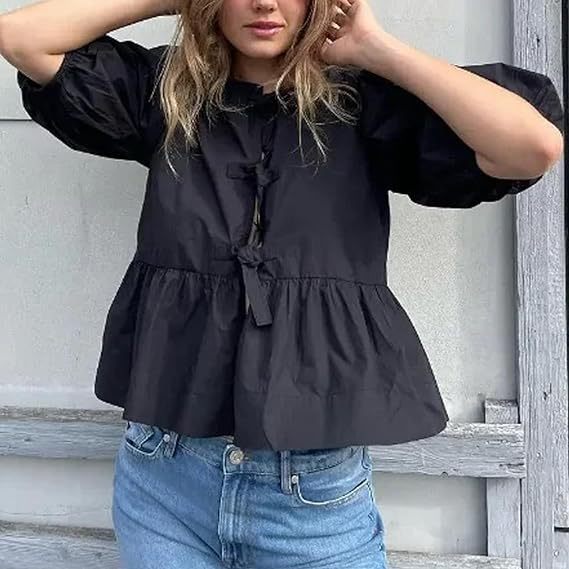 Casual Tie-Front Puff Sleeve Shirt