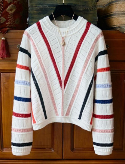 Striped Knit Sweater with Color Block Design