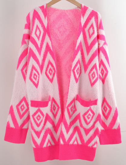 Geometric Knit Open-Front Cardigan