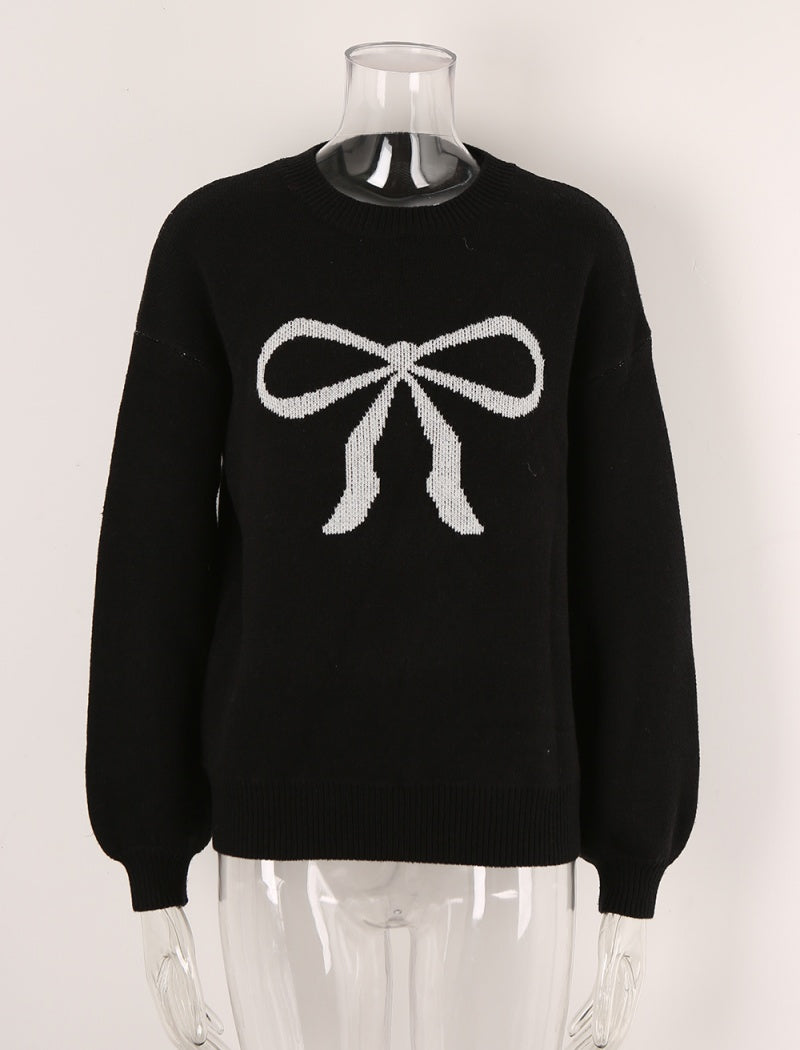 Crew Neck Sweater with Bow Graphic