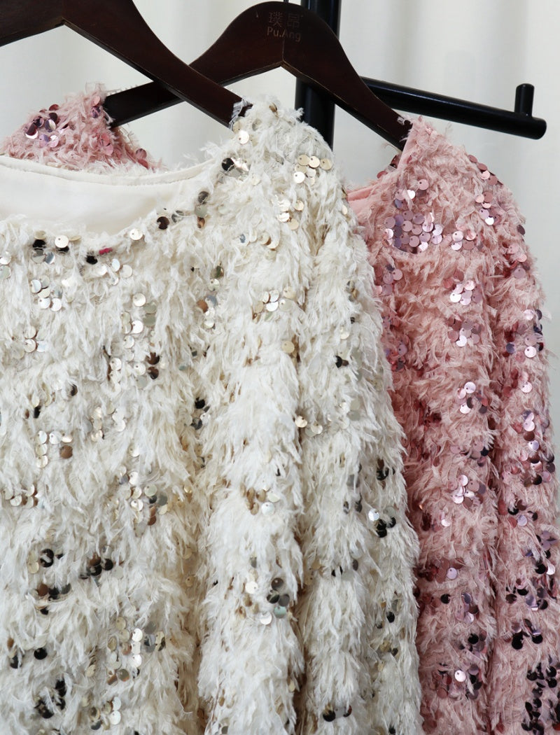 Sequin Fringe Sweater with Balloon Sleeves