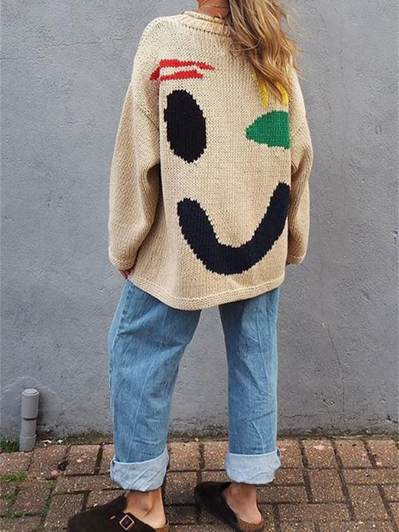 Smile Print Colorblock Pullover Sweater