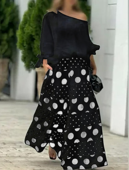 Off-Shoulder Top with Polka Dot Pants Set