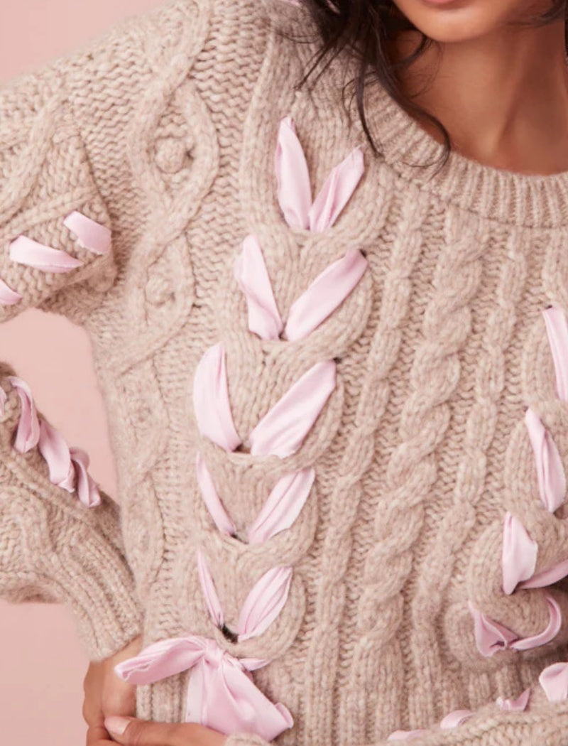 Cable Knit Sweater with Ribbon Details