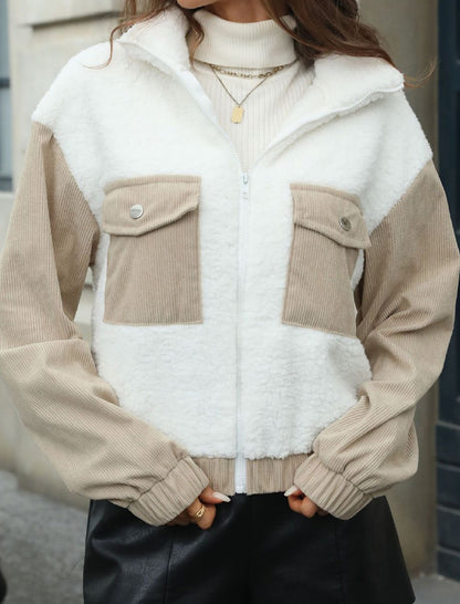 Plush Patchwork Corduroy Loose Cardigan