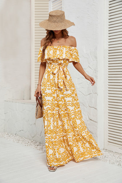 DVI407005D Off-Shoulder Belted Maxi Dress