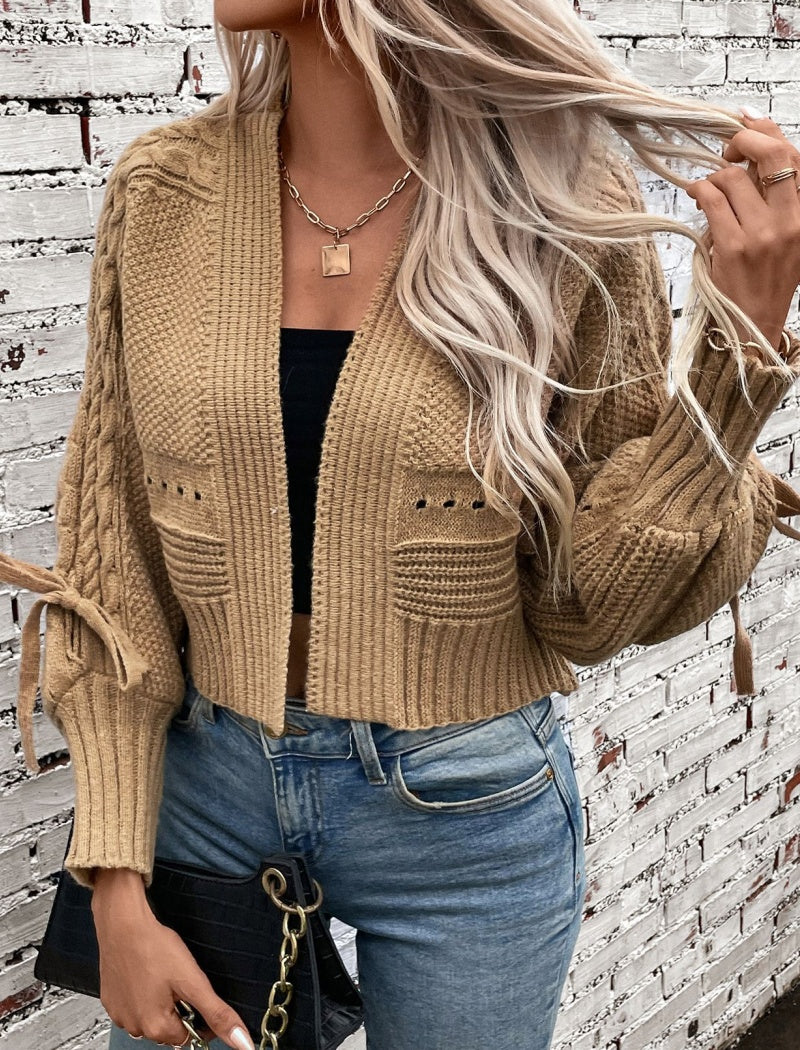 Cropped Cable Knit Cardigan with Tie Sleeves