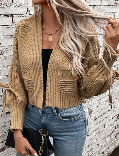 Cropped Cable Knit Cardigan with Tie Sleeves