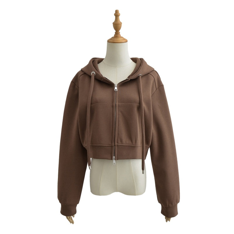 Cropped Zip-Up Hoodie with Drawstrings