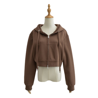 Cropped Zip-Up Hoodie with Drawstrings