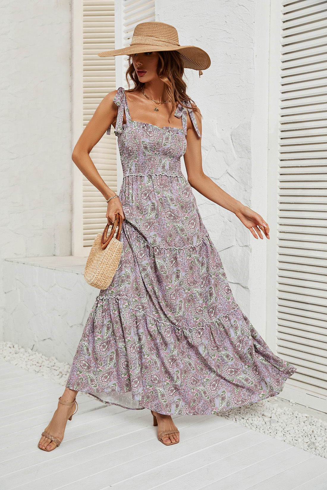 DVI407010D Smocked Paisley Print Maxi Dress