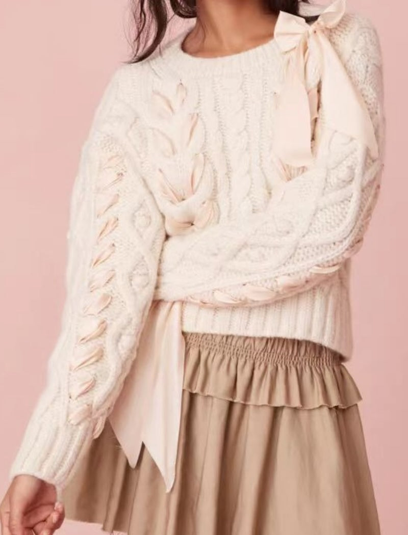 Cable Knit Sweater with Ribbon Details