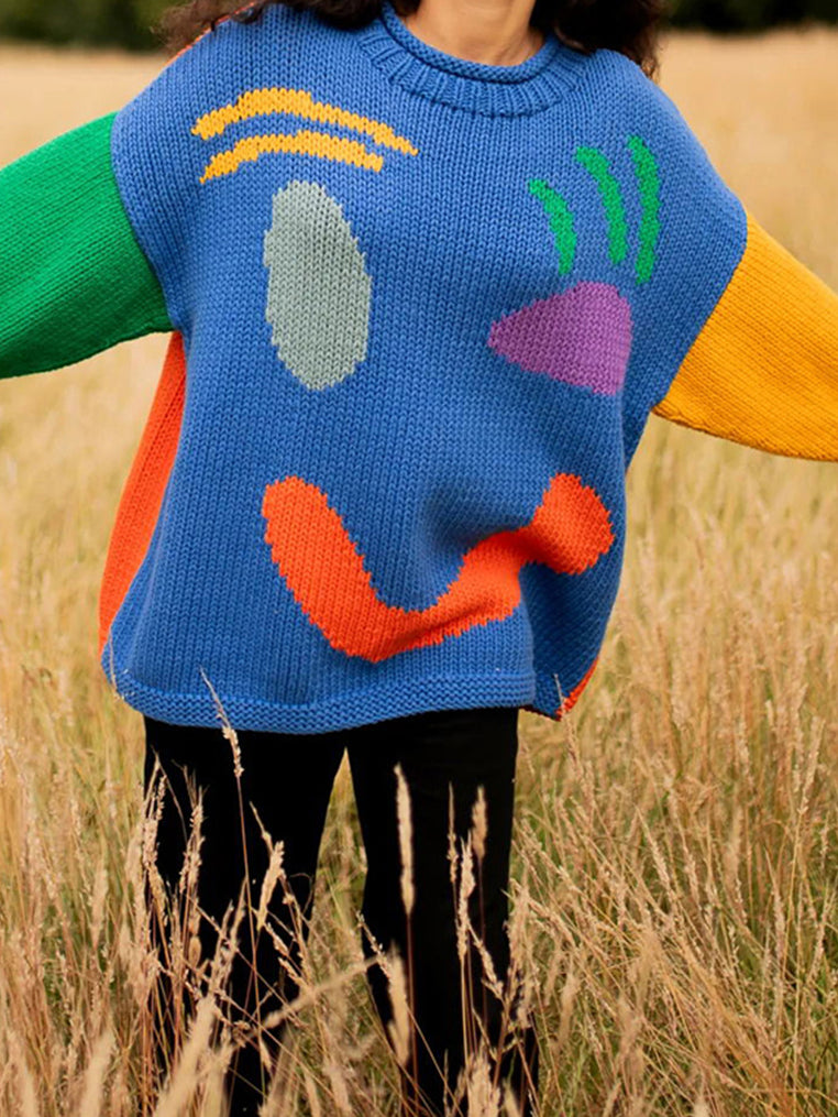 Smile Print Colorblock Pullover Sweater