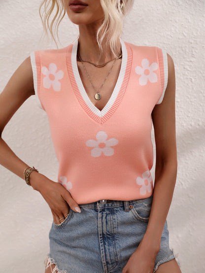 Floral Print V-Neck Sleeveless Knit Top