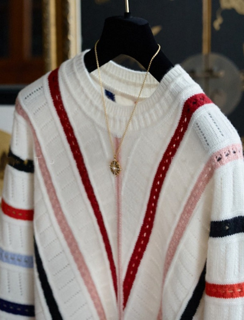 Striped Knit Sweater with Color Block Design