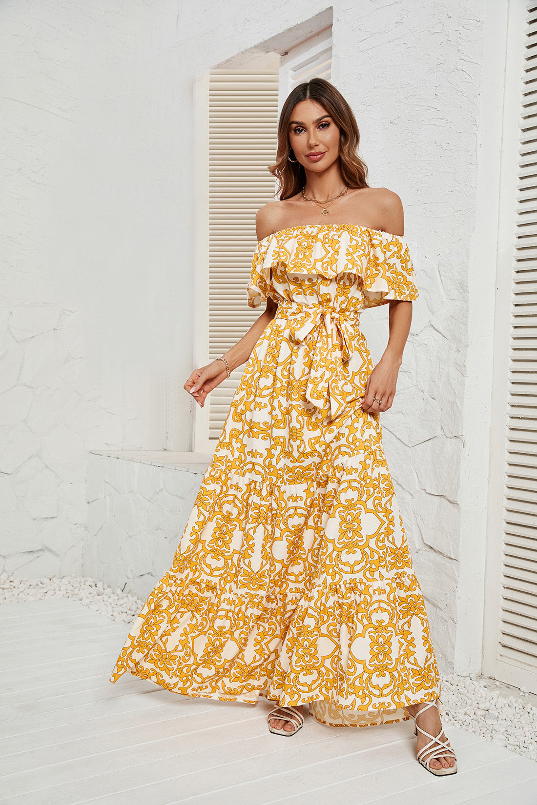 DVI407005D Off-Shoulder Belted Maxi Dress