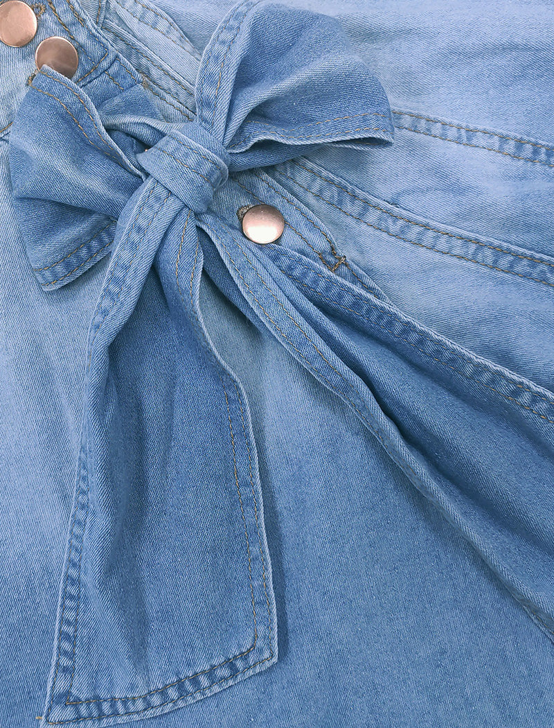 Puff Sleeve Denim Blouse with Bow Accent