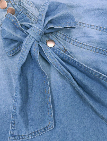 Puff Sleeve Denim Blouse with Bow Accent