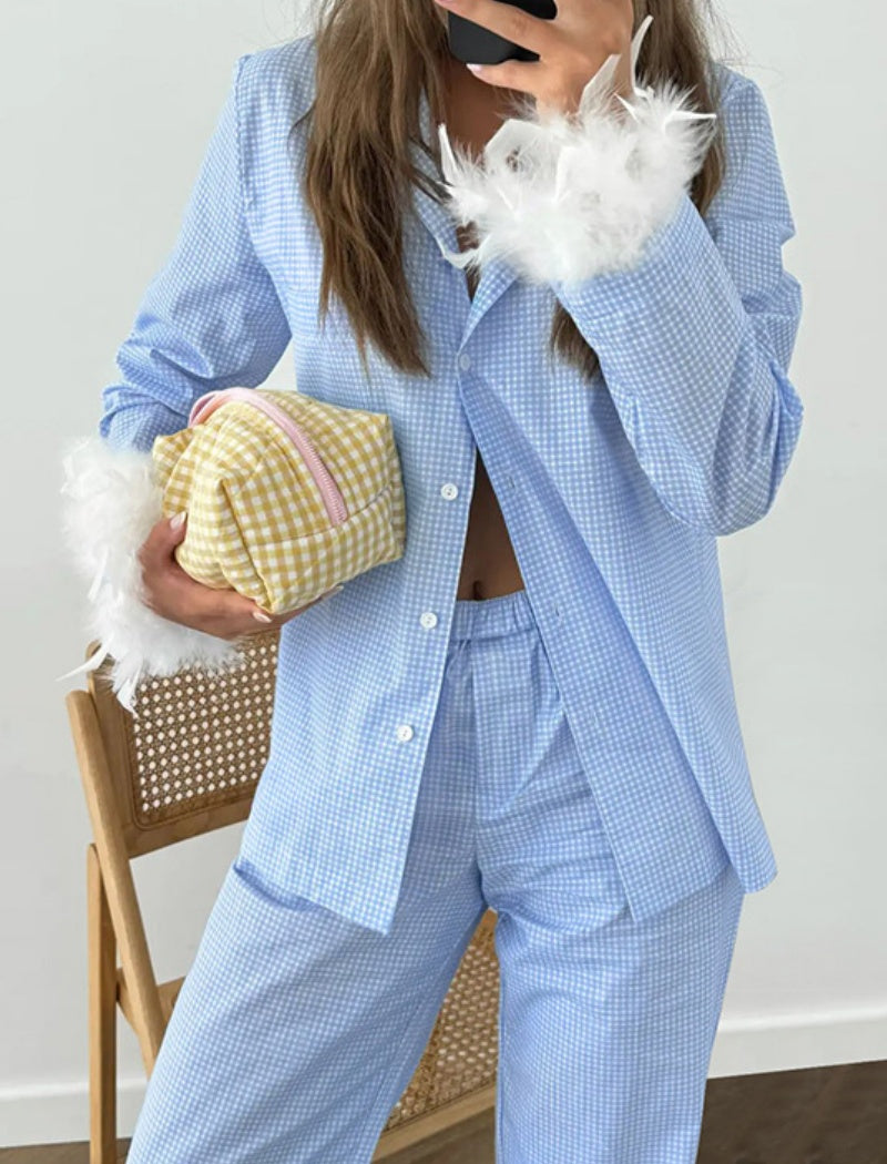 Feather-Trimmed Long Pajama Set