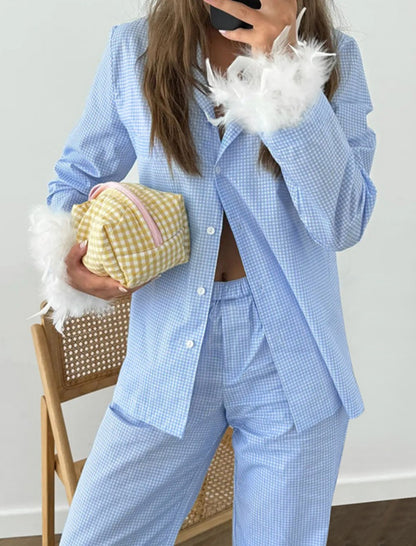 Feather-Trimmed Long Pajama Set
