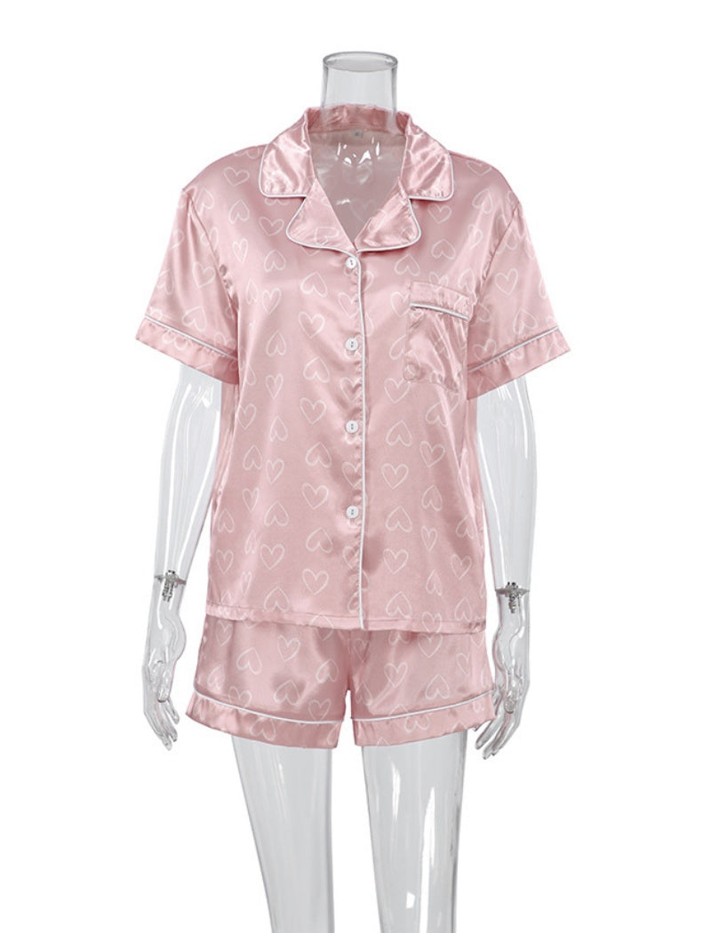 Short-Sleeve Heart-Print Satin Pajama Set