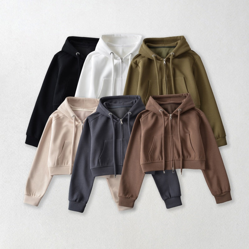 Cropped Zip-Up Hoodie with Drawstrings