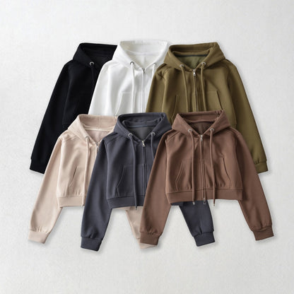 Cropped Zip-Up Hoodie with Drawstrings