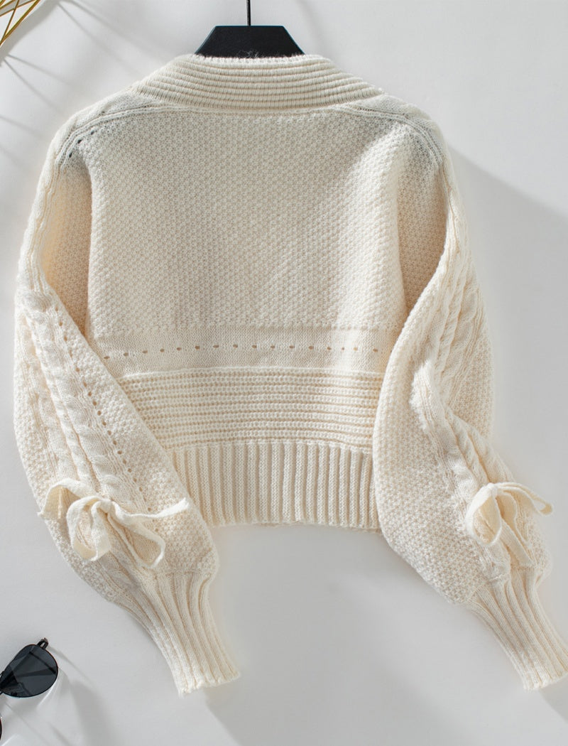 Cropped Cable Knit Cardigan with Tie Sleeves