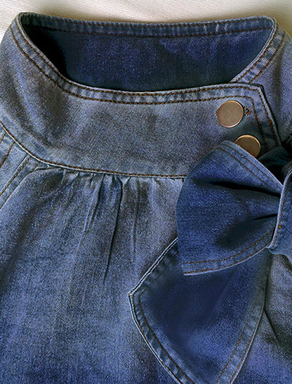 Puff Sleeve Denim Blouse with Bow Accent