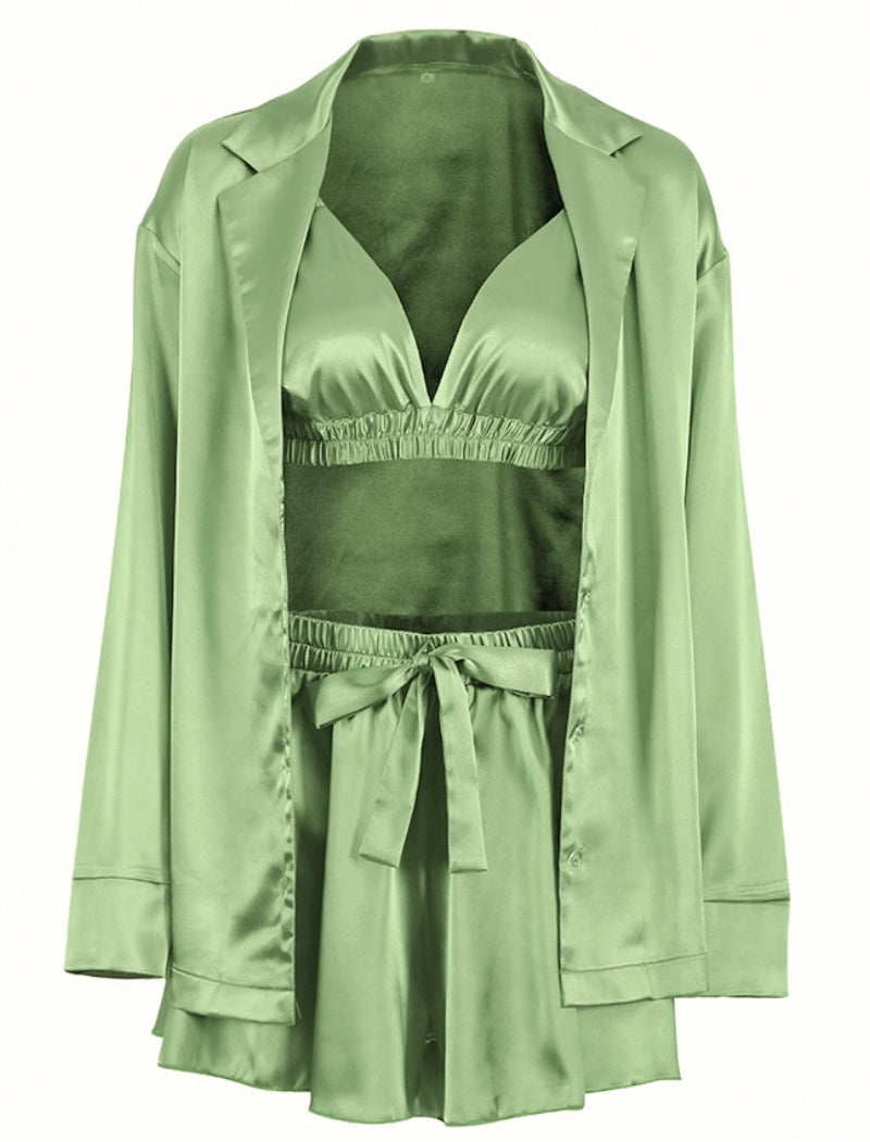 Satin Lounge Set with Button-Up Shirt and Shorts