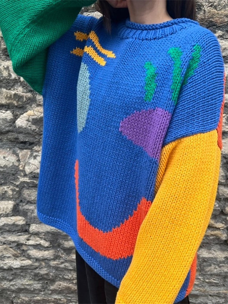 Smile Print Colorblock Pullover Sweater