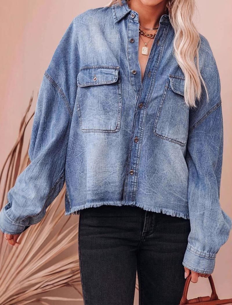 Distressed Hem Oversized Denim Shirt