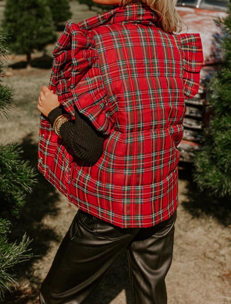 Ruffle Shoulder Plaid Puffer Vest