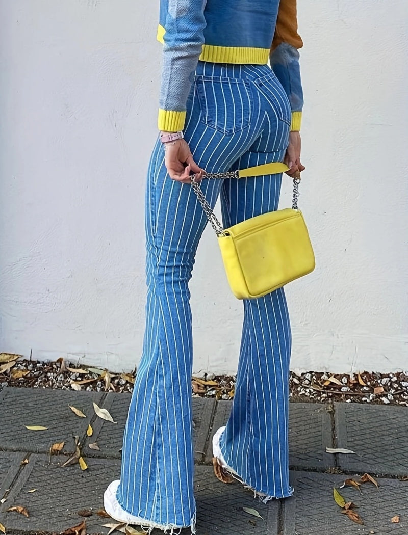 Striped High-Waisted Flare Jeans
