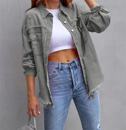 Solid Ripped Long Sleeve Denim Jacket