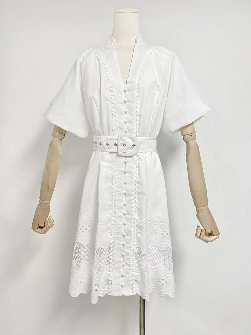 Belted Puff Sleeve Eyelet Dress