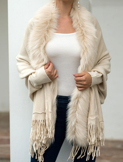 Faux Fur Trim Shawl with Fringe Detail