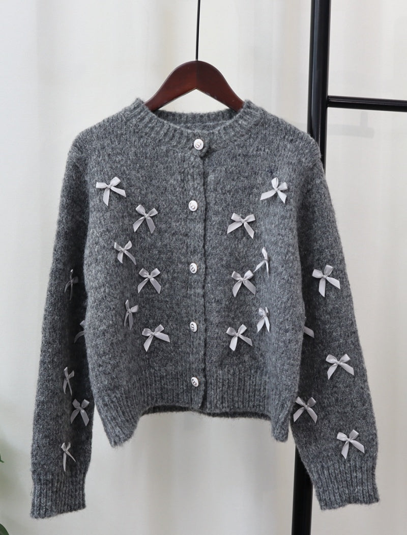 Bow Embellished Button-Up Cardigan