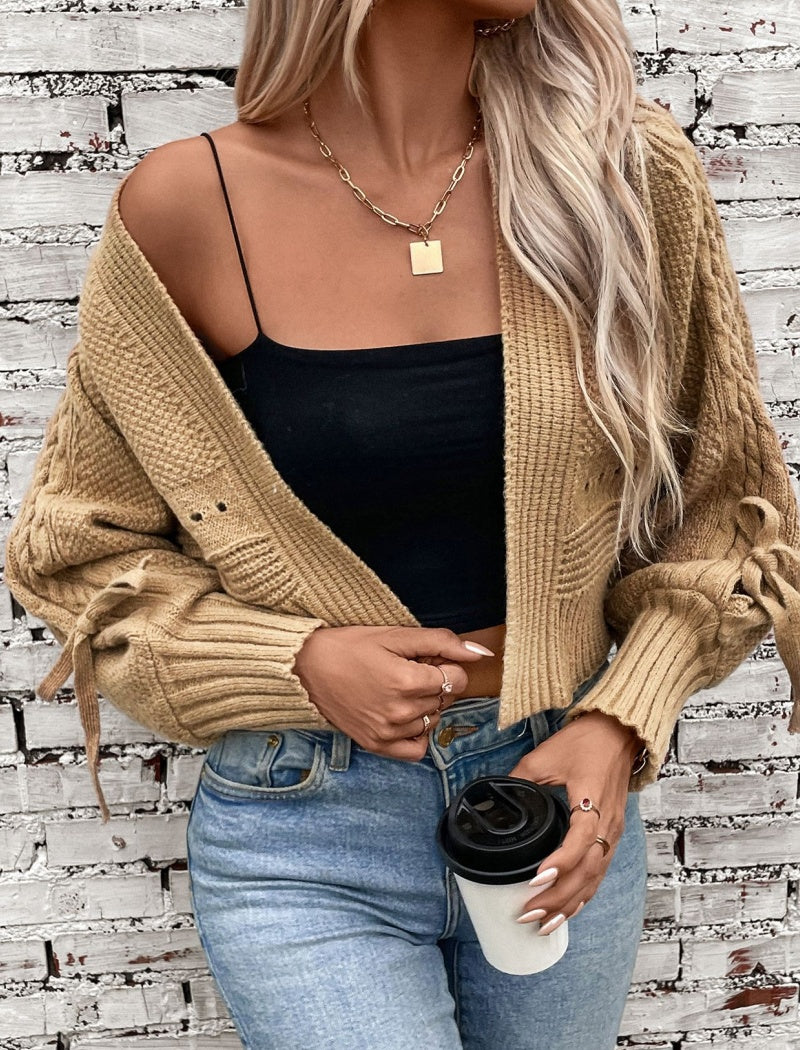 Cropped Cable Knit Cardigan with Tie Sleeves