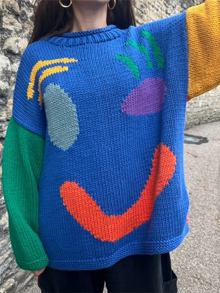 Smile Print Colorblock Pullover Sweater