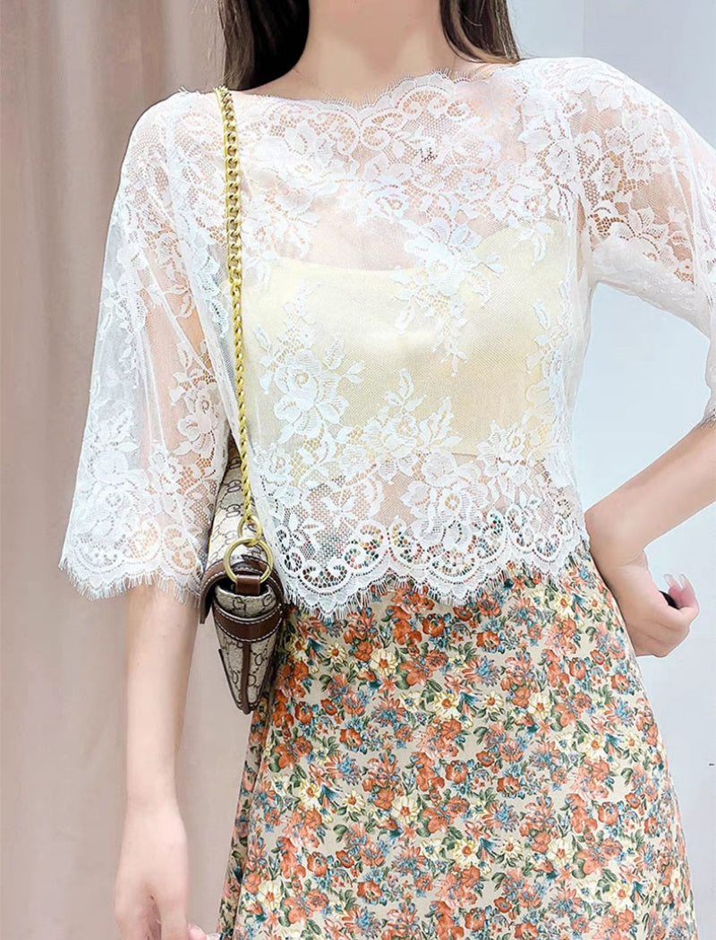 Floral Lace Overlay Sheer Blouse